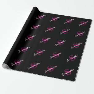 Papel De Presente Lindo Roteiro de Monograma Rosa e Preto Personaliz