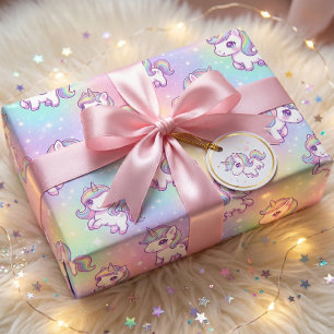 Papel De Presente Lindo Unicórnio Kawaii Arco-íris Pastel Mágico