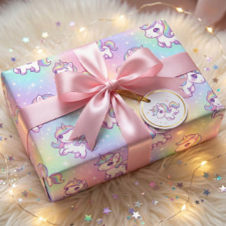 Papel De Presente Lindo Unicórnio Kawaii Arco-íris Pastel Mágico