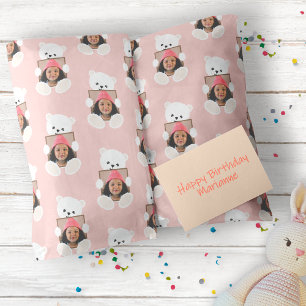 Papel De Presente Lindo Urso de Pelúcia Rosa Foto de Aniversário Inf
