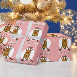 Papel De Presente Lindo Veado Rosa Natal Nome da Criança 