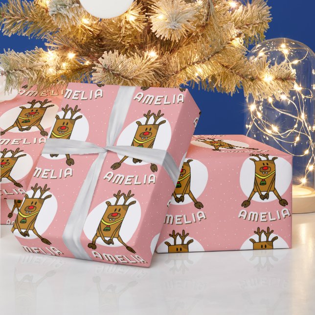 Papel De Presente Lindo Veado Rosa Natal Nome da Criança  (Feriados)