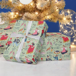Papel De Presente Lindo Verde 12 Dias de Natal Tradicional Clássico
