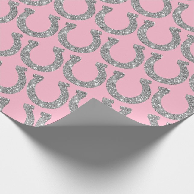 Papel De Presente Lindos Cavalos Ferradura Prata Brilho Rosa (Ponta)
