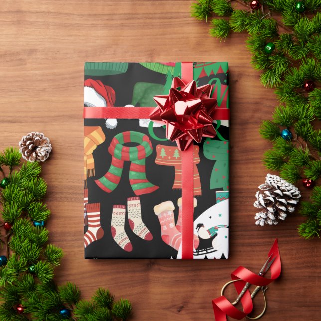 Papel De Presente Lindos Chapéus, Cachecóis e Meias de Natal Pretos  (Presente de Natal)