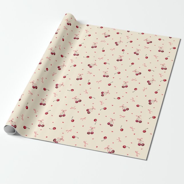 Papel De Presente Lindos Corações Minúsculos Rosas Vermelhos Cerejas (Desenrolado)