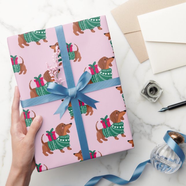 Papel De Presente Lindos Dachshund de Natal com Suéter Verde Rosa  (Presentear)