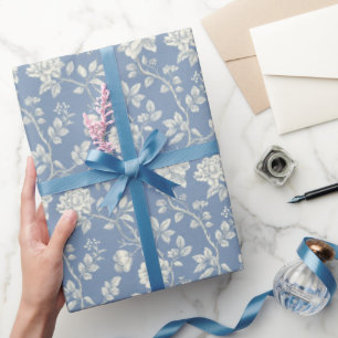 Papel De Presente Lindos Flores Azuis Creme Românticos Chá de Noiva