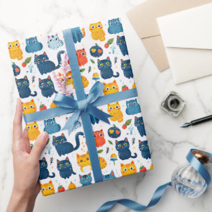 Papel De Presente Lindos gatos kawaii brincando com brinquedos branc