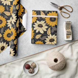 Papel De Presente Lindos Girassóis Amarelos Creme Preto