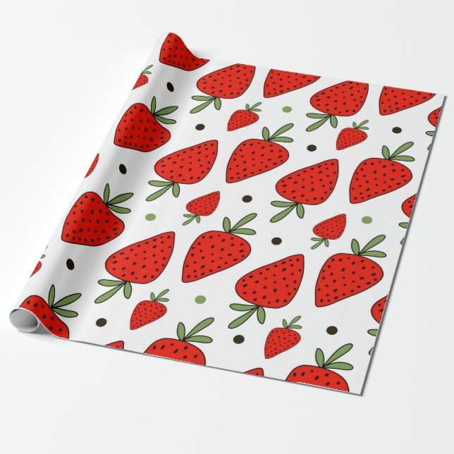 Papel De Presente Lindos morangos vermelhos, padrão sem descontinuid (Desenrolado)
