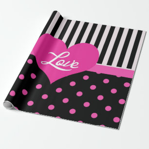 Papel De Presente Lindos pontos pretos rosa, listras em preto e bran