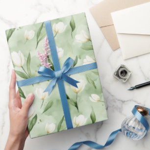 Papel De Presente Lindos Tulipas Brancas Verdes Chá de Noiva
