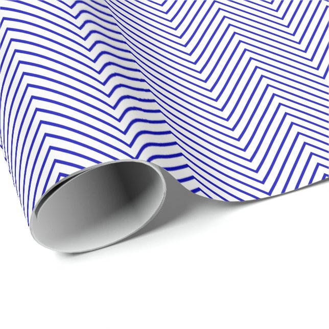 Papel De Presente Linha Chevron - Azul Real em Branco (Ponta do rolo)