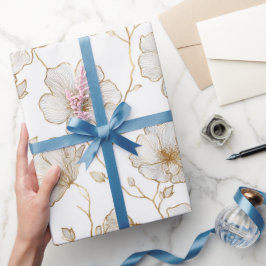 Papel De Presente Linha de Flores Brancas Chic Dourado Padrão Floral