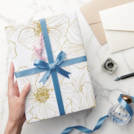 Papel De Presente Linha de Flores Brancas Chic Dourado Padrão Floral