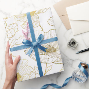 Papel De Presente Linha de Flores Brancas Chic Dourado Padrão Floral
