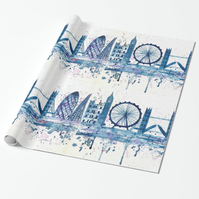 Papel De Presente Linha do horizonte de Londres - Cor da água azul-m (Desenrolado)