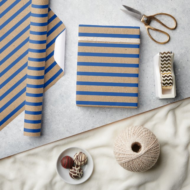 Papel De Presente Linhas Azuis Marinhas Náuticas Kraft Marrom Rústic (Artesanato)
