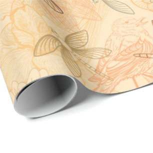 Papel De Presente Linhas de arte libélulas pássaros flores pessegu