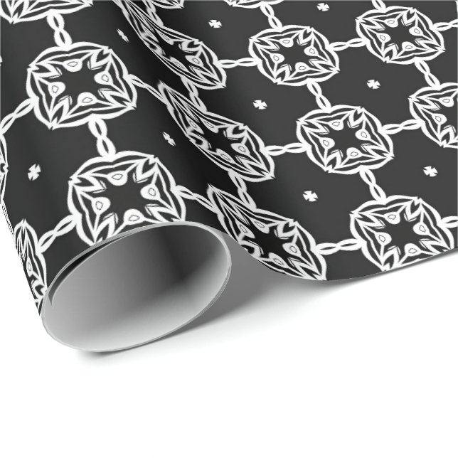 Papel De Presente Linhas de Mandala Pretas e Brancas Padrão 10 (Ponta do rolo)