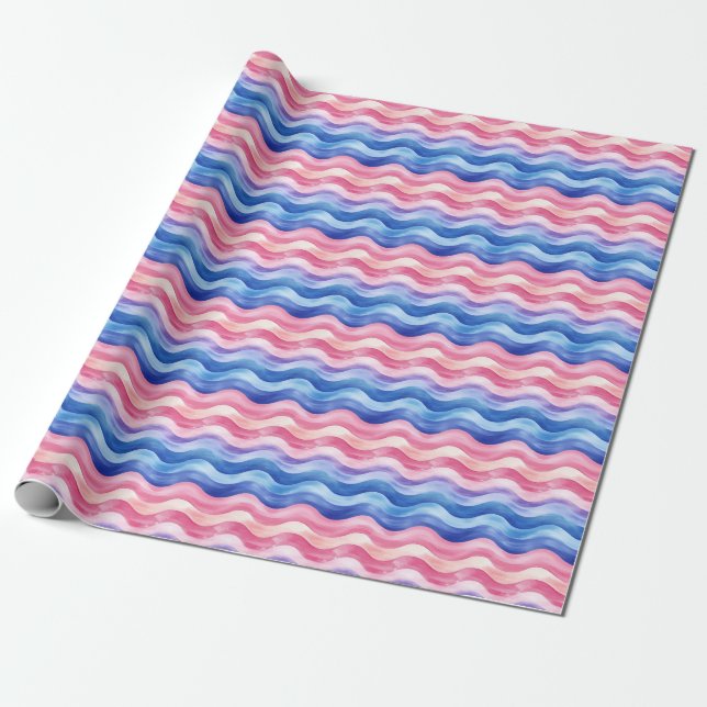 Papel De Presente Linhas onduladas azuis e cor-de-rosa (Desenrolado)