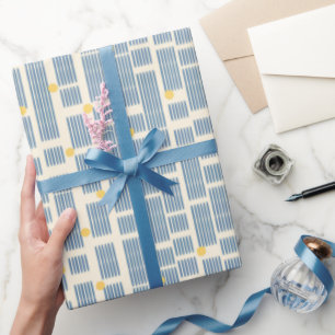 Papel De Presente Linhas Orgânicas Azuis Modernas e Pontos Amarelos