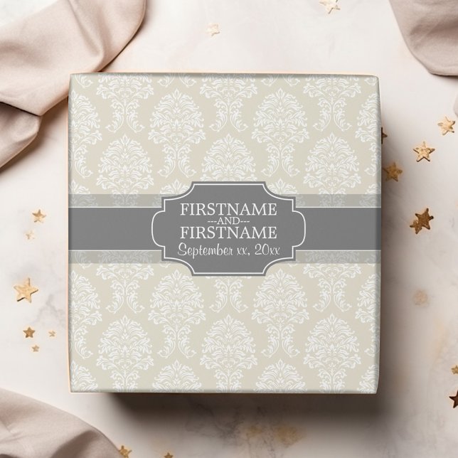 Papel De Presente Linho Bege e Charcoal com Padrão Damask (Personalized Wedding Anniversary Wrapping Paper)