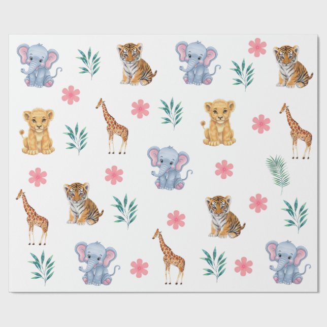 Papel De Presente Lion Tiger, elefante da selva Safari moderna (Aberto)
