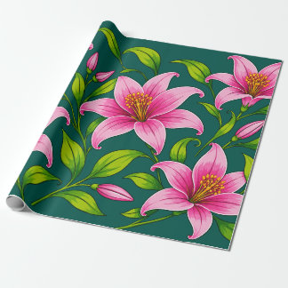 Papel De Presente Lírio Rosa Elegante Floral com Folhagem Verde