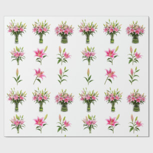 Papel De Presente Lírio Stargazer Rosa Vaso Buquê Botânico
