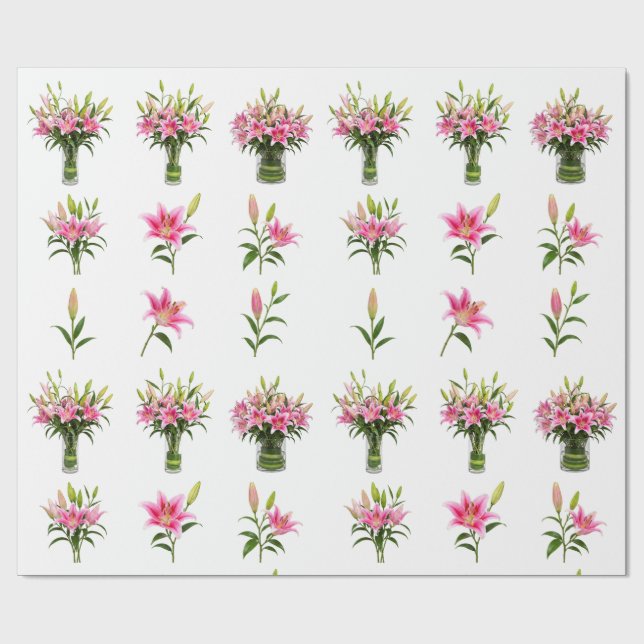 Papel De Presente Lírio Stargazer Rosa Vaso Buquê Botânico (Aberto)