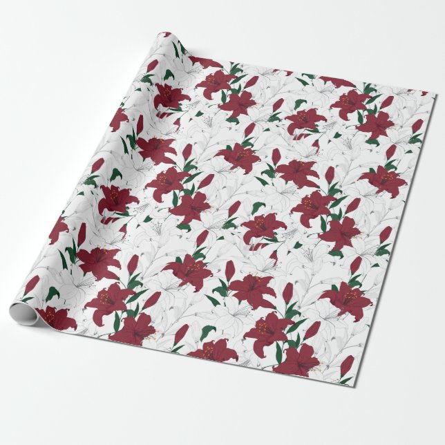 Papel De Presente Lírios de Natal Vermelho e Branco (Desenrolado)