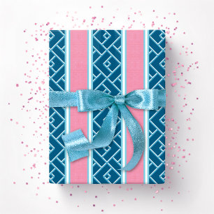 Papel De Presente Listra Chippendale em Rosa e Azul Água Profunda