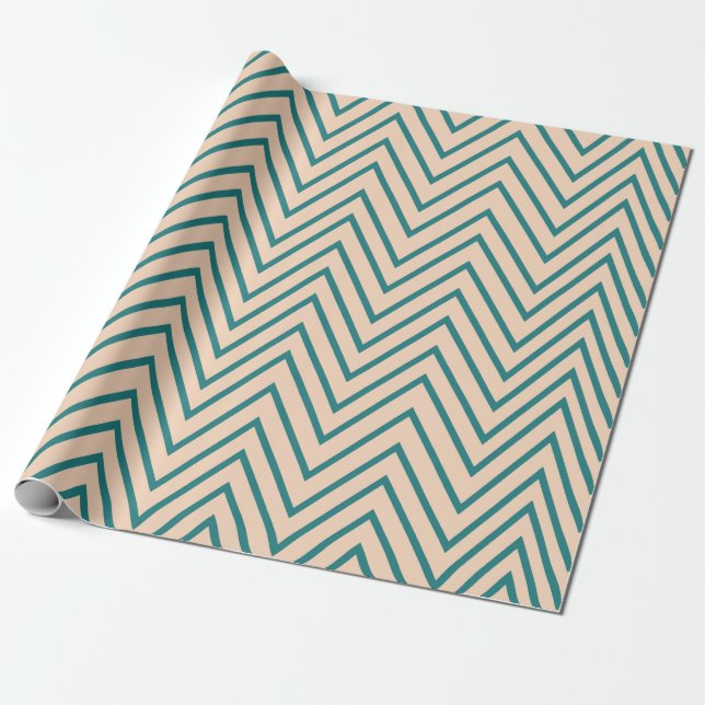 Papel De Presente Listra de Chevron Azul Pêssego (Desenrolado)