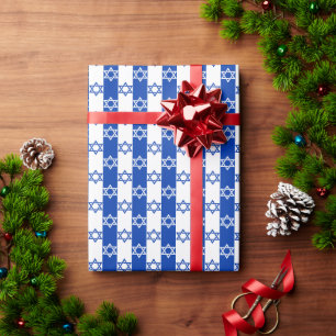 Papel De Presente Listra de Estrela de Davi Azul e Branco