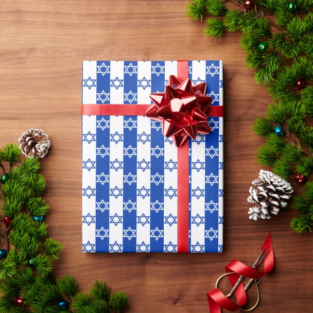 Papel De Presente Listra de Estrela de Davi Azul e Branco (Presente de Natal)