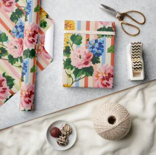 Papel De Presente Listra Floral Vintage