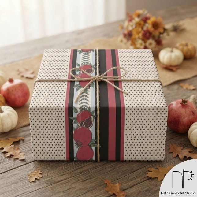 Papel De Presente Listra Moderna de Semente de Romã (Colorful red pomegranate fruit and seeds Fall gift wrap hand-drawn in black ink with thick stripes)