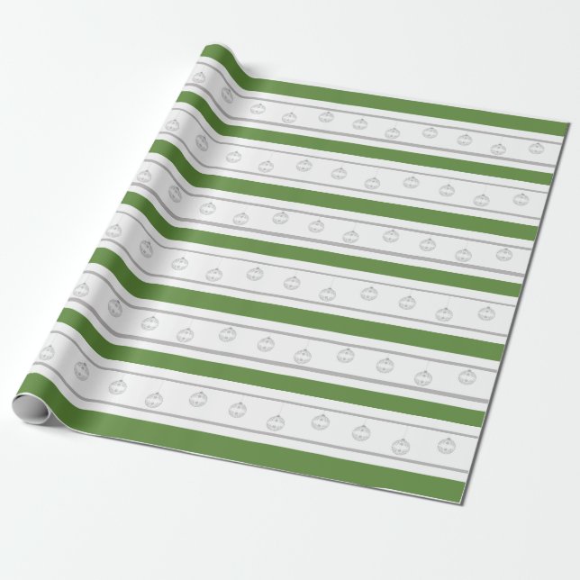 Papel De Presente Listra verde, branca, prateada com enfeites (Desenrolado)