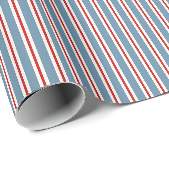 Papel De Presente Listras Azuis Clássicas com Pontos Vermelhos (Ponta do rolo)