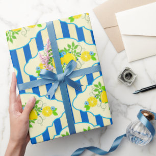 Papel De Presente Listras Azuis e Padrão de Limões e Folhas de Verão