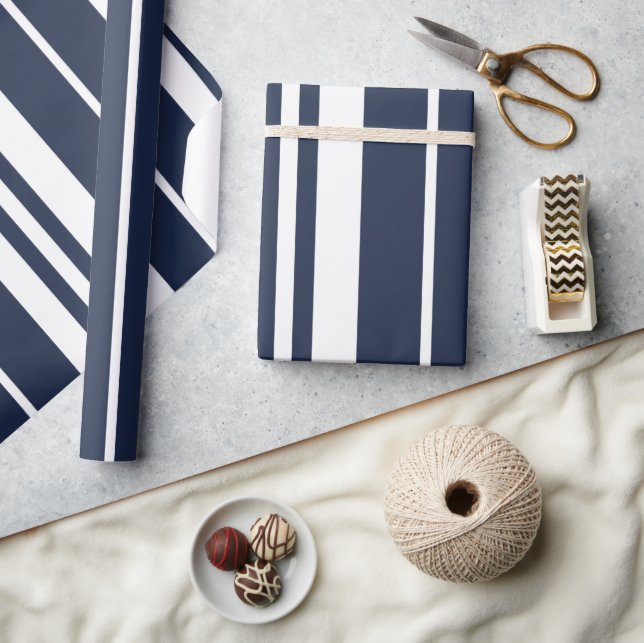 Papel De Presente Listras Brancas Azul Marinho Modernas (Artesanato)