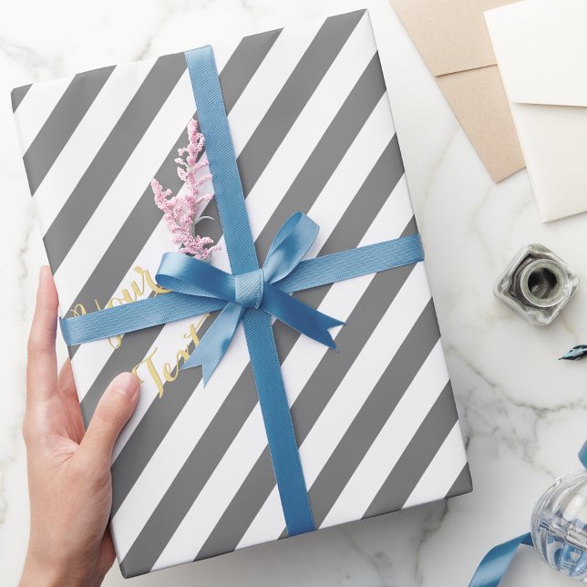 Papel De Presente Listras Brancas Cinzas Texto Dourado Natal Anivers (Gray White Stripes Gold Text Christmas Birthday Wrapping Paper)