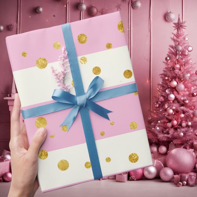 Papel De Presente Listras Brancas Rosa Pontos de Bolinhas Dourados (Criador carregado)