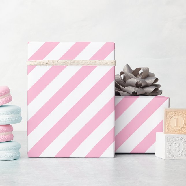 Papel De Presente Listras Brancas Rosa Texto Dourado Aniversário de  (Pink White Stripes Gold Text Christmas Birthday Wrapping Paper)