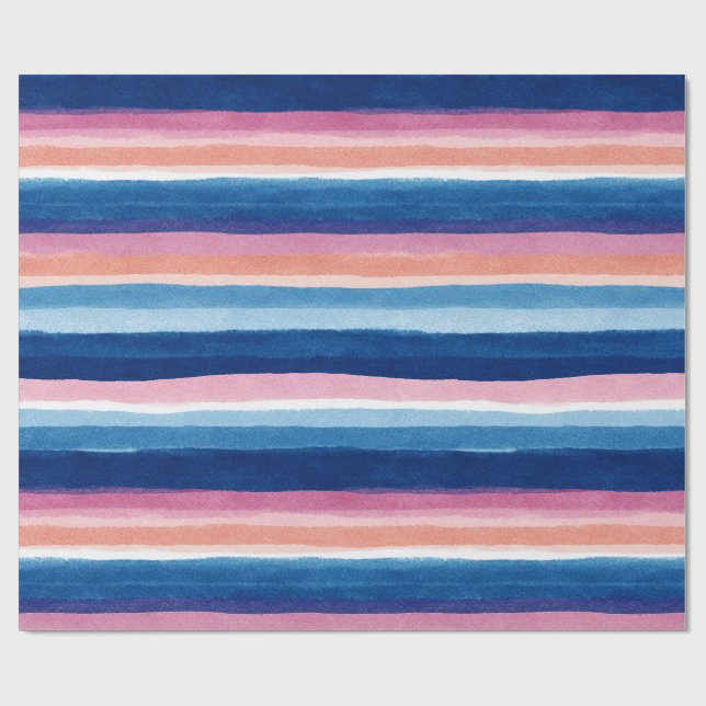 Papel De Presente Listras Costeiras em Aquarela Azul e Rosa (Aberto)