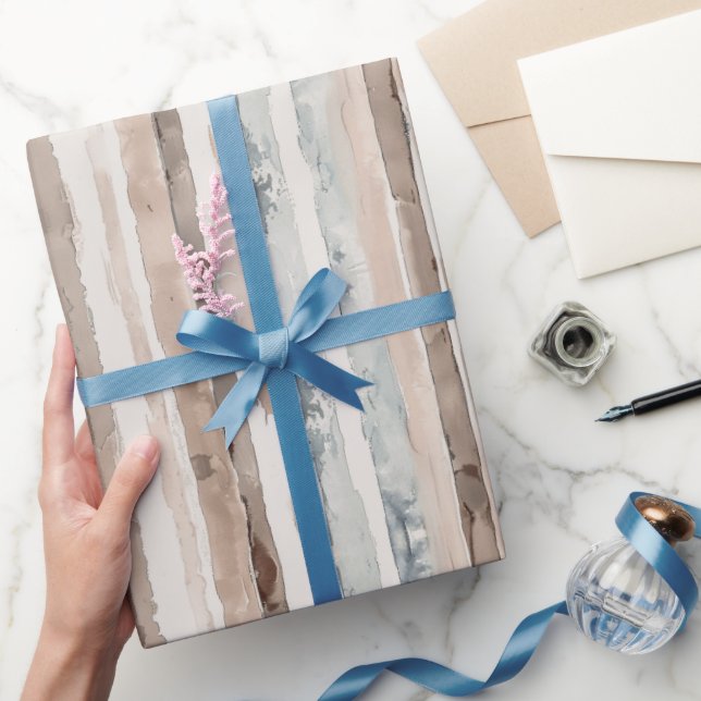 Papel De Presente Listras Creme Azul Marrom Aniversário (Presentear)