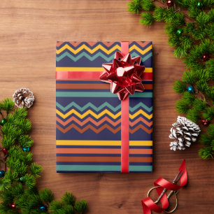 Papel De Presente Listras de Chevron Boho dos anos 70 em Azul Marinh