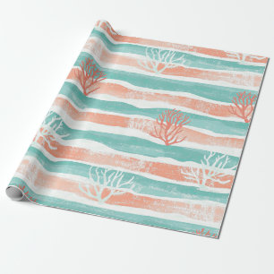 Papel De Presente Listras de Coral Padrão de Aquarela Costeira (3)